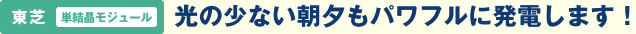 東芝 単結晶モジュール　光の少ない朝夕もパワフルに発電します！